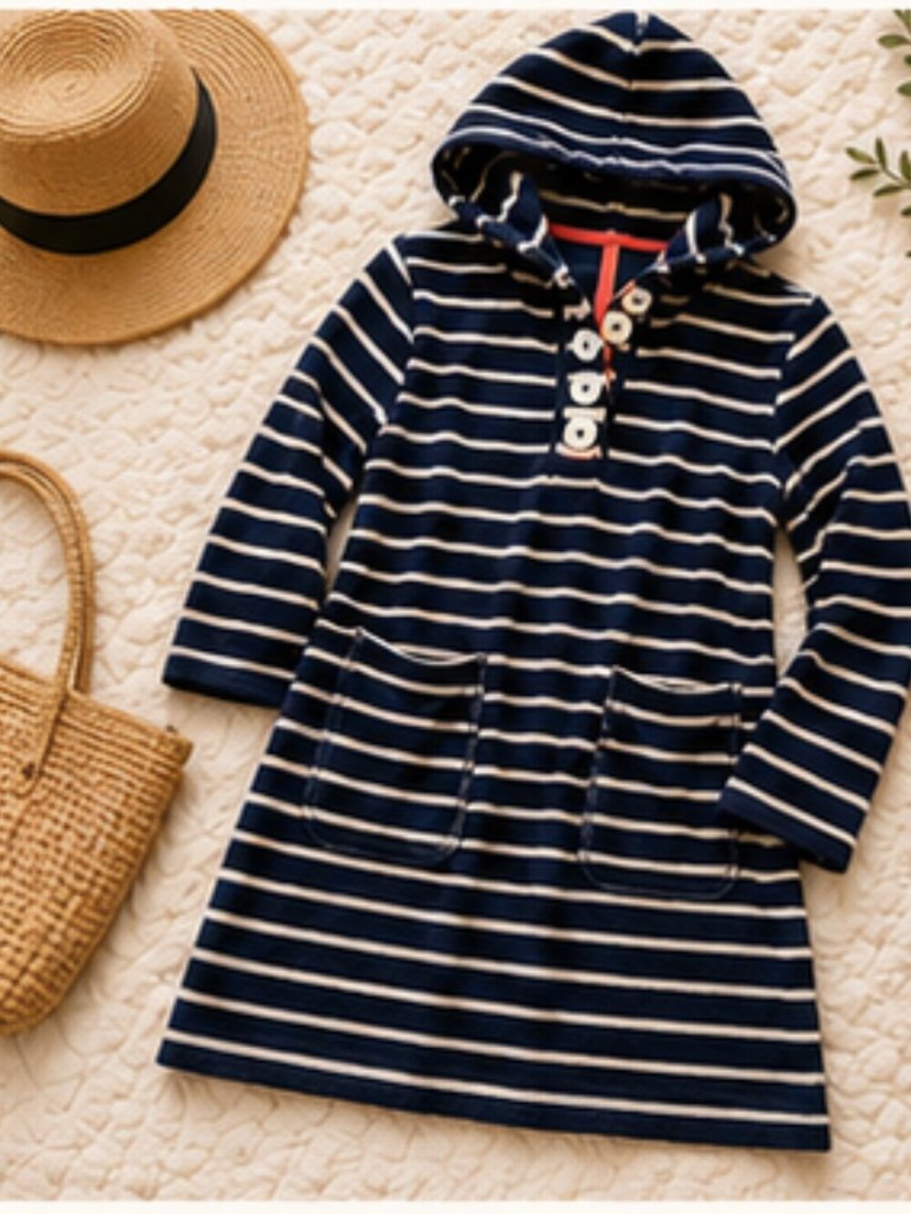 Travel Ready Boden Coastal Terry Cloth Hooded Top Nautical Stripe Coverup US 2